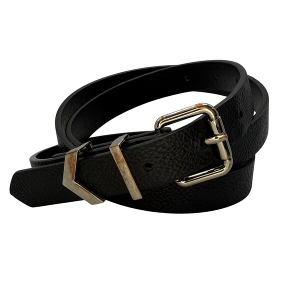 Vintage Vince Camuto Black Leather Belt Silver Buckle XL XXL V Detail Designer - Picture 1 of 4